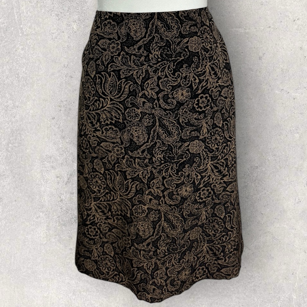 Vintage 100% Silk Printed Skirt Womens Size 16 Dark Floral Liz Claiborne Brown